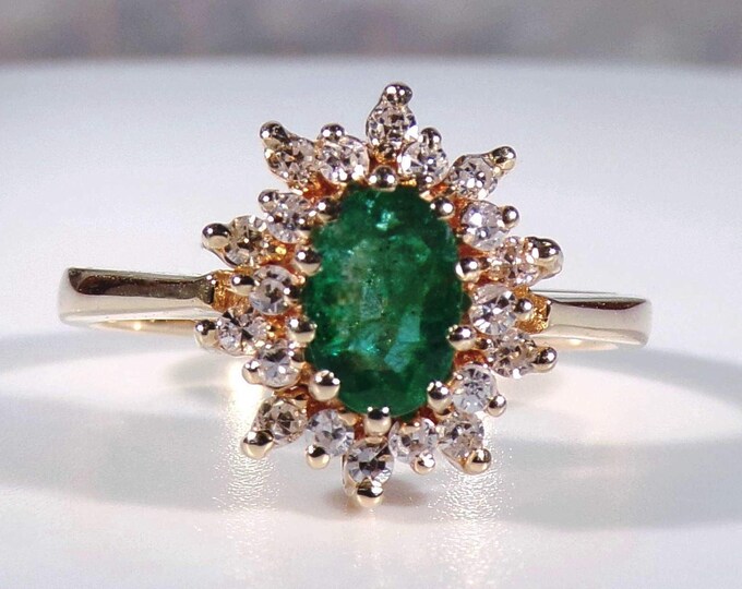 Emerald Ring – 14K Yellow Gold Oval Cut Green Emerald & Double Halo Diamond Ring – Genuine Emerald and Diamonds - Size 6.25 – FREE SIZING!!