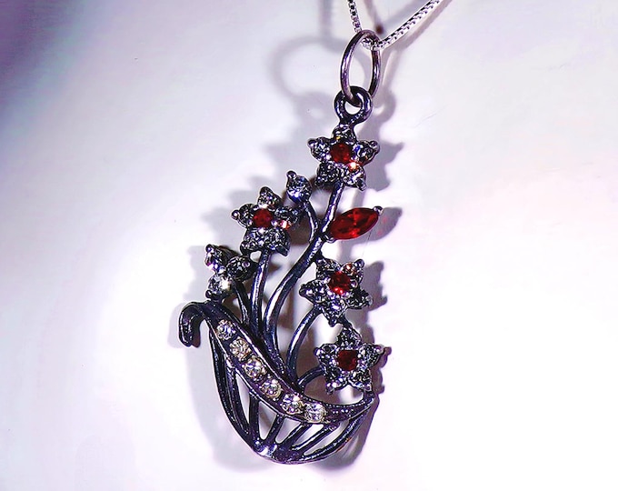 Vintage Sterling Silver Floral Basket Necklace: Red & White Crystal Pendant