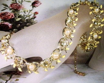 Jewelry Set - Midcentury Yellow Enamel Pearl Rhinestone Jewelry Set - Choker / Necklace & Bracelet - 1950s Jewelry - Vintage Jewelry Set