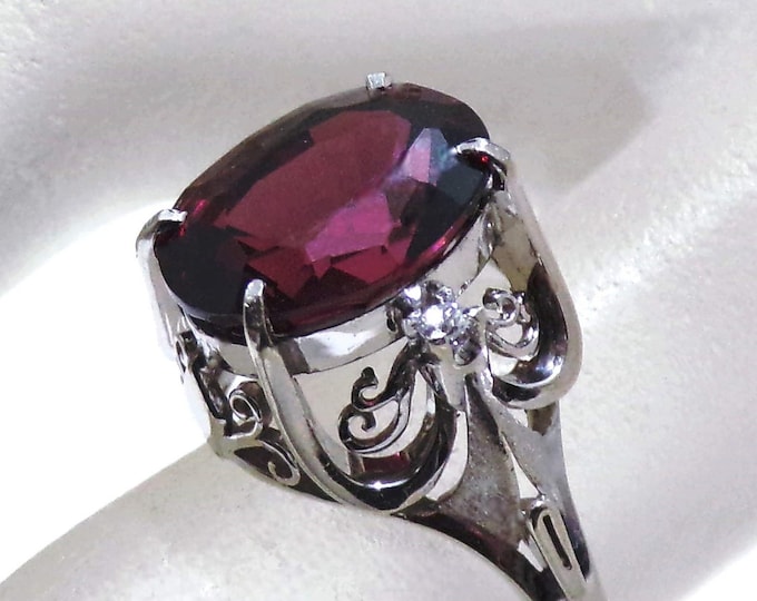 Garnet Ring, 14K White Gold 4.3 Carat Mozambique Deep Red Garnet and Diamond Ring, Elaborate Open Metal Work Mounting, Size 6.5, Free Sizing