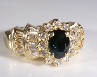 14K Yellow Gold Blue-Green Dark Teal Sapphire Ring w/ a Fanned Baguette Spray on Each Shoulder of the Ring, Vintage Ring, Sz 6, FREE SIZING!