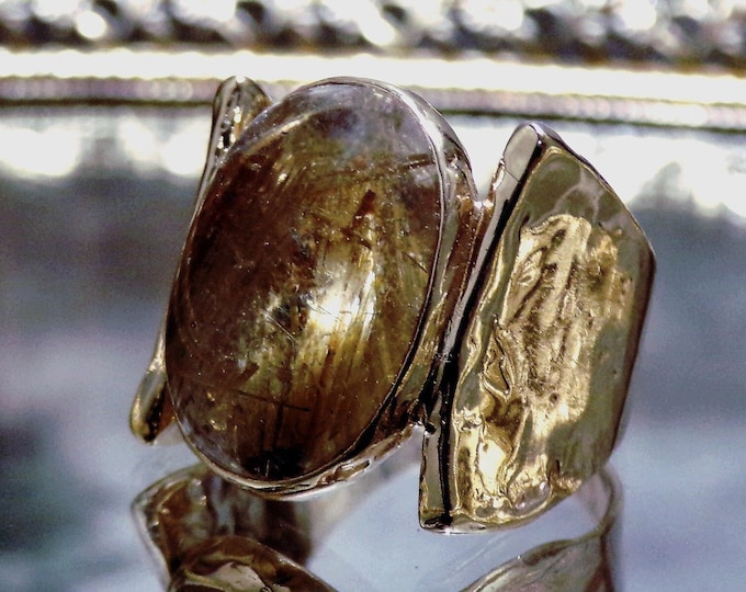 Artisan Made Handcrafted 14K Yellow Gold Rutilated Champaign Colored Quartz Ring, Vintage Ring, Unique Ring, Mod Ring, Sz 6.25, Free Sizing!