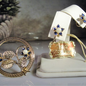 Brooch and Earrings Set, Vintage Milano 12K Gold Filled Cultured Pearl & Blue Enamel Flower Brooch and Earrings Jewelry Set