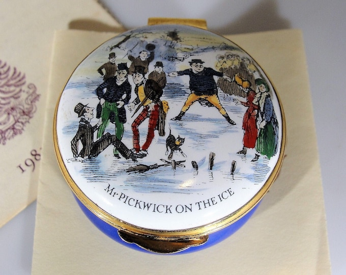 English Enamels Crummles Limited Edition 1981 Christmas Trinket Box - Mr. Pickwick On Ice - Authenticity Certificate, Vintage Trinket Box