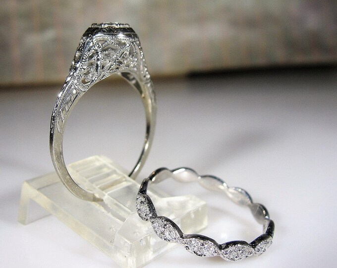 Bridal Ring Set, Art Deco 18K White Gold .30 CTW Diamond Engagement Ring and Diamond Wedding Band, Vintage Rings, Size 6.5, FREE SIZING!!