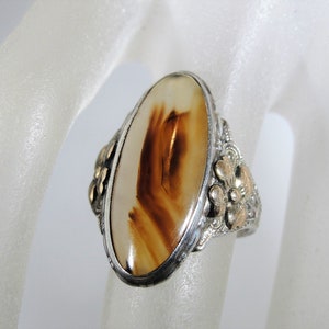 Agate Ring, Art Nouveau Sterling Silver and 10K Gold Filled Agate Ring, 10k Gold Filled Flower Accents, Antique Ring, Size 6.5, Free Sizing!