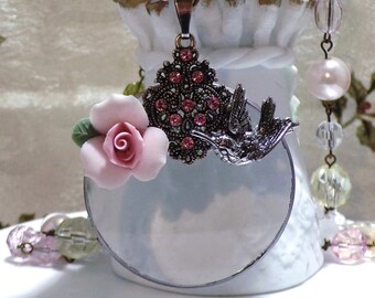 Vintage Magnifying Glass Pendant Necklace: Hummingbird, Rhinestone, Pearl Beaded Chain