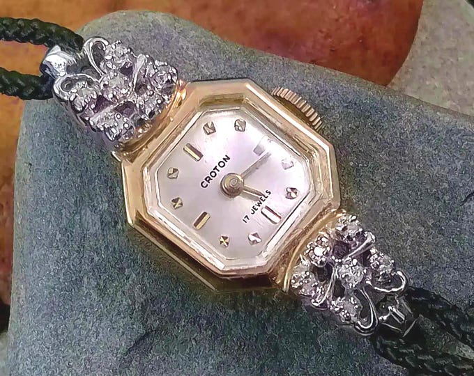 Vintage Croton Diamond Wrist Watch: 14K Gold 17 Jewel Mechanical Art Deco Style