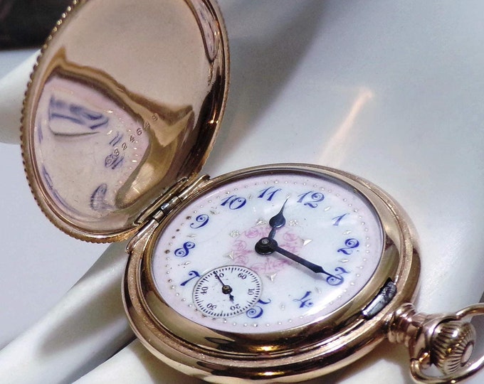 1900 14K Yellow Gold Women Elgin Pocket Watch with Porcelain Enamel Dial – 15 Jewels – Mechanical Watch – Grade 223 - Antique Pocket Watch