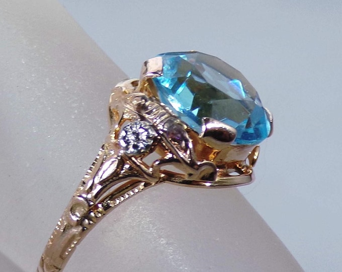 Victorian Swiss Blue Ring – Victorian 10K Yellow Gold Swiss Blue Glass Ring – Detailed Design Work - Size 5 – Vintage Ring – Free Sizing!!