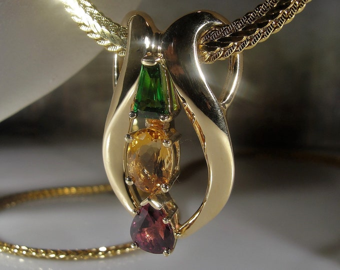 Multi-Gem Pendant, 14K Yellow Gold Green Tourmaline Yellow Sapphire and Pink Tourmaline Slider Pendant, Natural Gemstones, Vintage Pendant