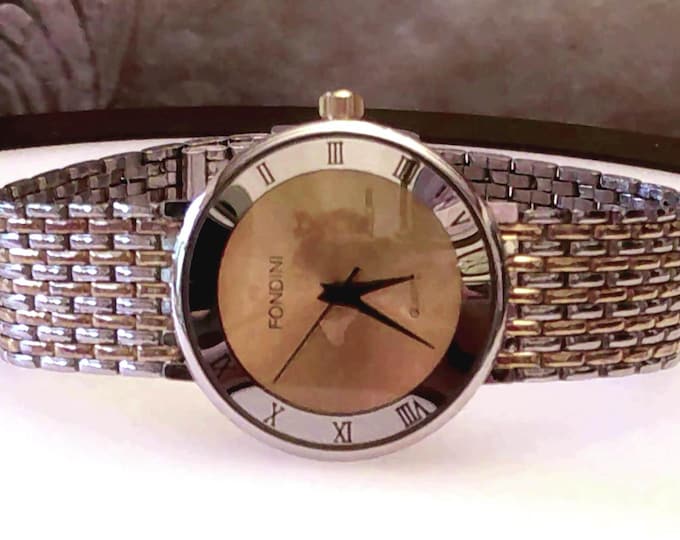 Unisex Wrist Watch – Fondini Quartz Wrist Watch – Round Mirror Look Wristwatch – Silver and Rose Gold Interlocked Band – Vintage Wristwatch