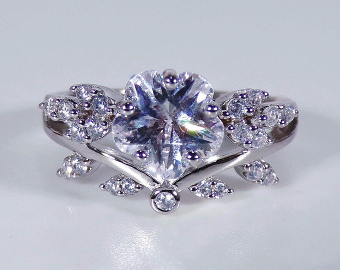 Bridal Ring – Sterling Silver Fancy Cut Flower CZ Solitaire Ring – Travel Ring – Rhodium Plated – Size 7 – Vintage Bridal Ring – Free Sizing