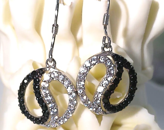Yin and Yang Earrings – Genuine White and Black Diamonds – Sterling Silver 925