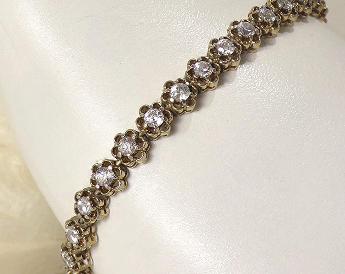 Gold Vermeil Art Nouveau Floral Tennis Bracelet – 925 Sterling Silver with Gold Plating - Cubic Zirconia - Vintage