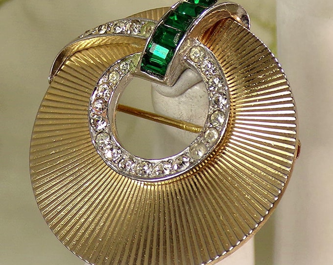 Art Deco Brooch - Gold - Green Baguette and Clear Rhinestones - Round - Vintage