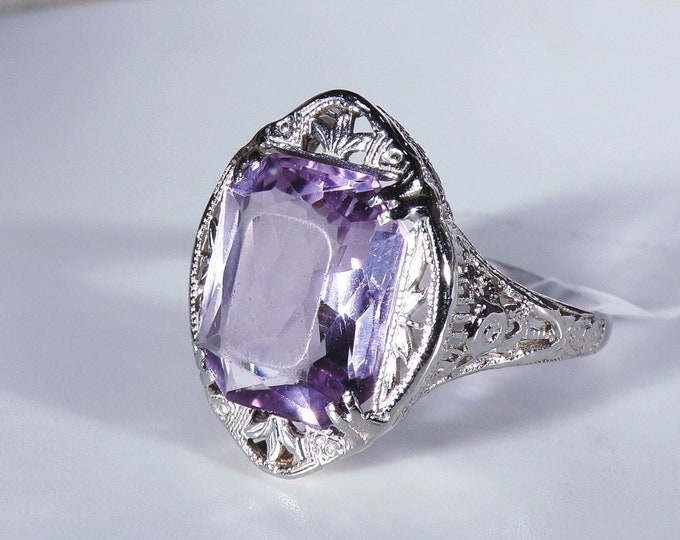 14K White Gold Ring, Vintage Art Deco White Gold Amethyst Ring, Cocktail Ring, Right Hand Ring, Edwardian Style Ring, Size 7.5, FREE SIZING!