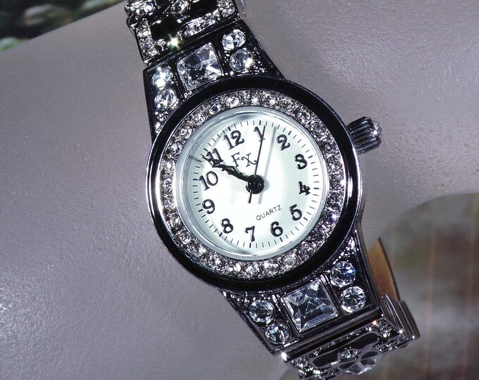 Art Deco Inspired Crystal Encrusted Wrist Watch w/ Genuine Black Leather Band – Black Enameling – Arabic Numbers – Vintage Wristwatch (NOS)