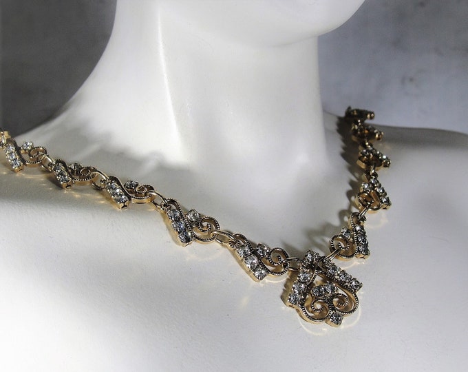 Bridal Necklace, Victorian Style Bridal Rhinestone Gold Plated Necklace, 15” Chain, Choker Style Necklace, Vintage Necklace