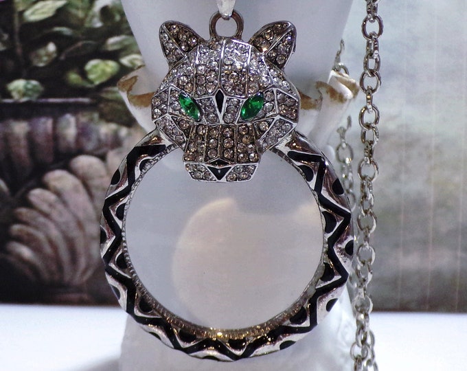 Rhinestone Encrusted Big Cat Panther Magnifying Glass Pendant - Clear Rhinestones & Green Eyes - 30" Silver Chain - Vintage Big Cat Pendant