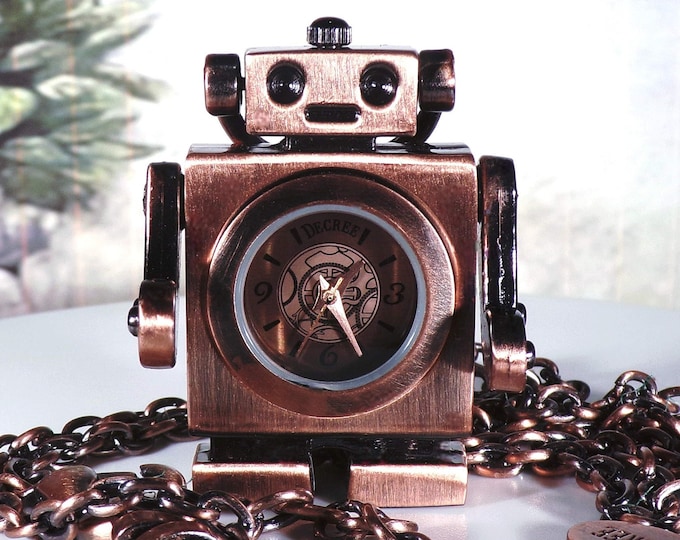 Retro Copper Bronze Robot Pendant Watch Necklace & Original Case - Vintage Watch Pendant Necklace – New Battery - New Old Stock (NOS)