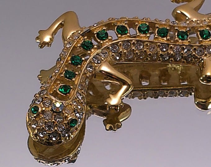 Salamander Brooch – Gold Tone with Emerald Crystals and Rhinestones – 1990s - Vintage
