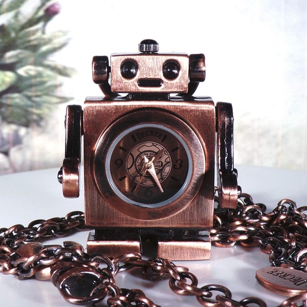 Collier de montre à pendentif robot rétro en cuivre, bronze et boîtier d'origine - Collier à pendentif de montre vintage - Batterie neuve - Nouveau stock ancien (NOS)