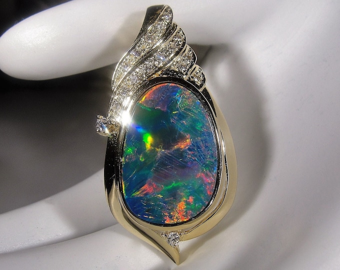 Black Opal and Diamond Pendant, 14K Yellow Gold Black Opal & Diamond Pendant, Opal Pendant, Natural Black Opal and Diamonds, Vintage Pendant