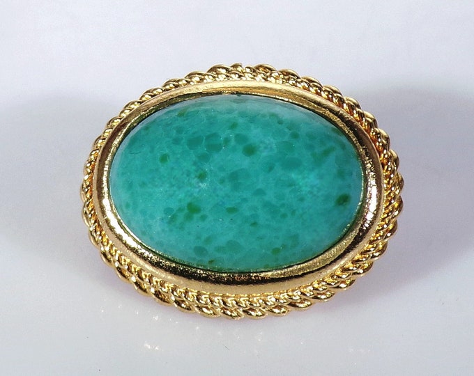 Elegant Petite 12K Gold Filled Italian Green Peking Glass Cabochon Brooch, Vintage ITALY Brooch, Vintage Pin - Unique Pin for Fashionistas