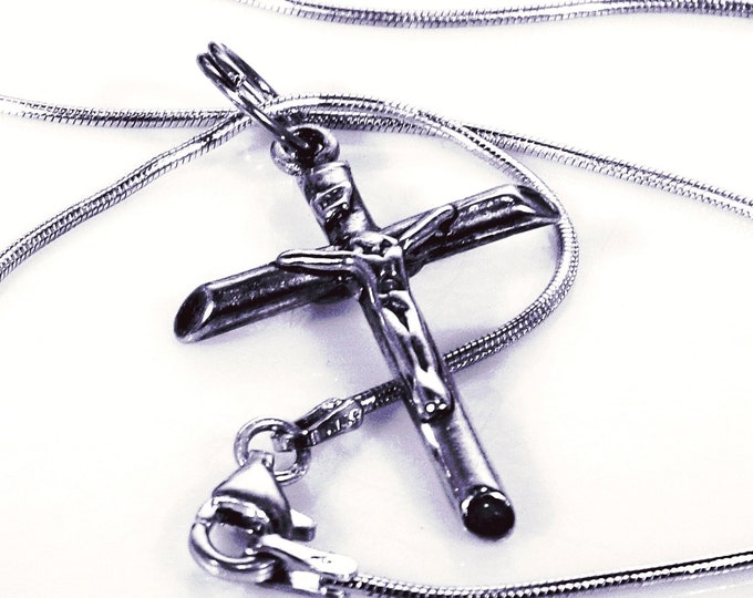 Crucifix Cross Necklace, Sterling Silver Roman Catholic Crucifix Cross Necklace, 20 Inches, Antique Pendant, Vintage Necklace