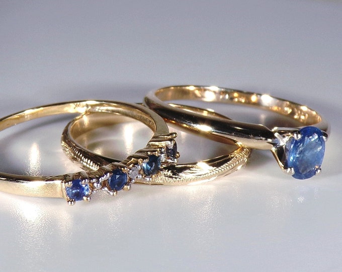 Bridal Ring Set, 14K Petite Steel Blue Sapphire & Diamond Bridal Set, 3 Stacking Rings, Engagement Ring, Wedding Anniversary Bands, Sz 6.5