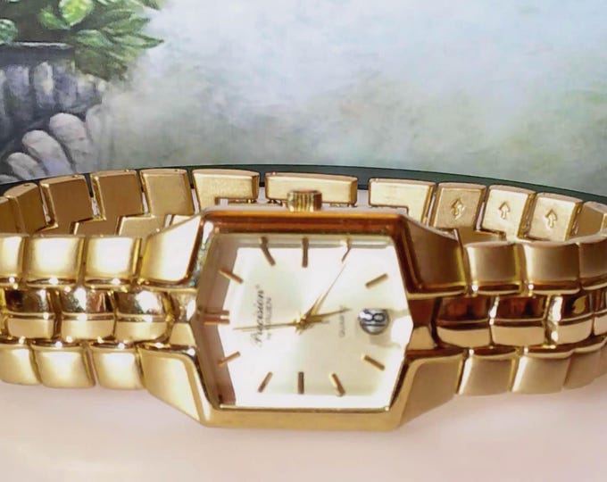 Mans Wrist Watch – Gruen Precision Mans Quartz Wrist Watch – Circa 1980s – Calendar Watch - Brushed Gold – Link Band – Vintage Wristwatch