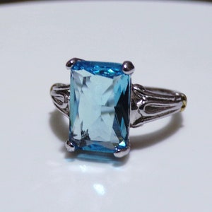 Aqua Blue Glass Emerald Cut Silver Tone Ring, Water Blue Glass, 12mm x 8mm, Rhodium Plated Ring, Fashion Ring, Size 6, Vintage Ring
