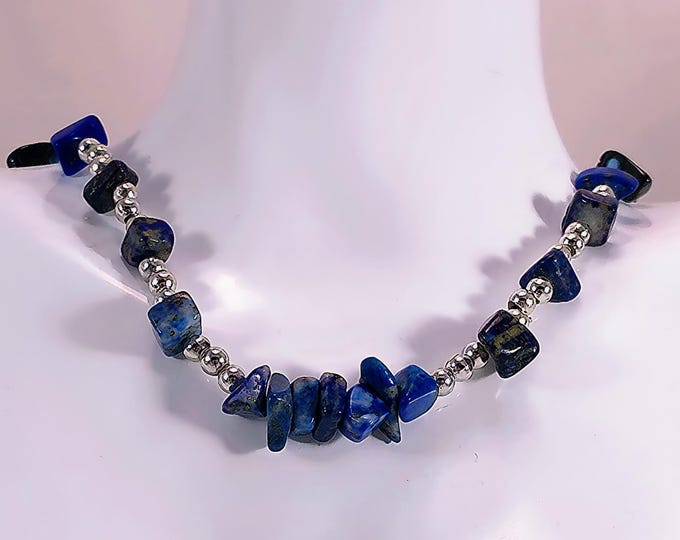 Blue Lapis Lazuli Station Necklace – 18 inch – Handmade – Artisan – Toggle Clasp