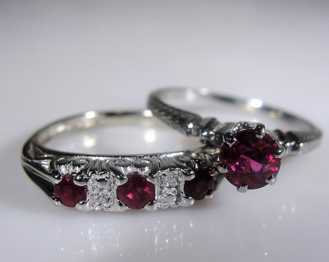 Bridal Ring Set, 18K & 14K White Gold Art Deco Ruby and Diamond Rings, Engagement Ring, Wedding Band, Vintage Rings, Size 6.5, FREE SIZING!!