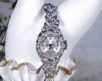 Womens Wrist Watch – Vintage 1940s BENRUS Art Deco 10K White Gold Diamond Wrist Watch – 20 Genuine Diamonds – 21 Jewels - Mechanical Watch