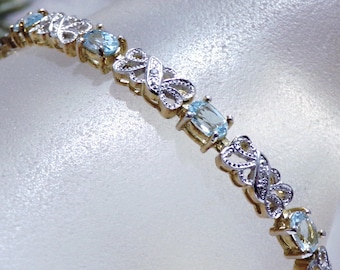 Blue Topaz and Diamond Tennis Bracelet, Gold Vermeil Sterling Silver Bracelet, Two Tone Gold Bracelet, Vintage Tennis Bracelet, 7.5 Inches