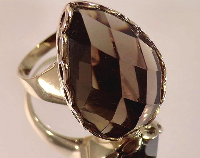 Women’s Ring – Chocolate Brown Spinel – Checkerboard Cushion Cut – 10K Gold Plated over 925 - Vintage