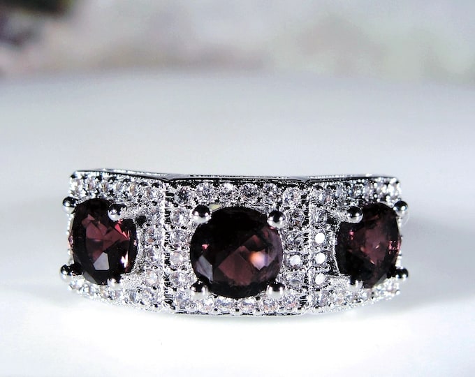 Sterling Purple Glass Ring, Purple Amethyst Glass and Crystal Sterling Silver Ring, Right Hand Ring, Statement Ring, Size 7, Free Sizing!!
