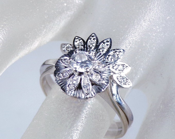 Bridal Ring Set, 18K & 14K Art Deco White Gold Genuine Diamond Ring Set, Engagement Ring, Wedding Band, Vintage Set, Size 7.5, FREE SIZING!!