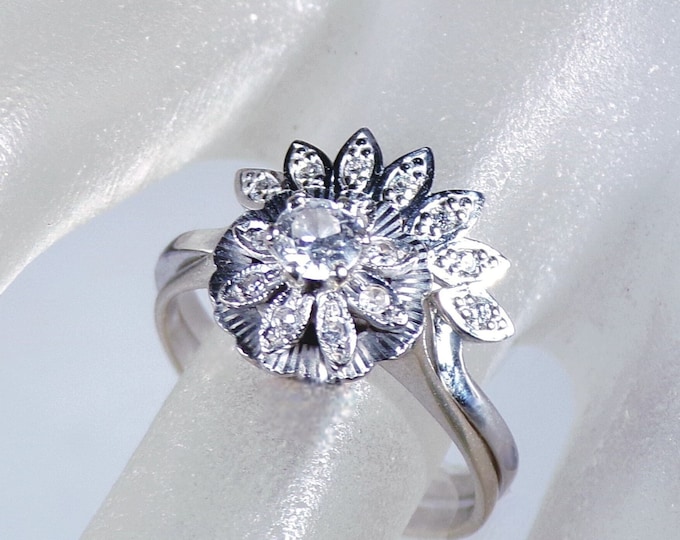 Bridal Ring Set, 18K & 14K Art Deco White Gold Genuine Diamond Ring Set, Engagement Ring, Wedding Band, Vintage Set, Size 7.5, Free Sizing!!