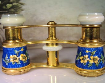 1800s, LEMAIRE Opera Glasses, French Opera Glasses, Cobalt Blue Guilloche Opera Glasses, Hand Painted, Antique Opera Glasses – Collectible