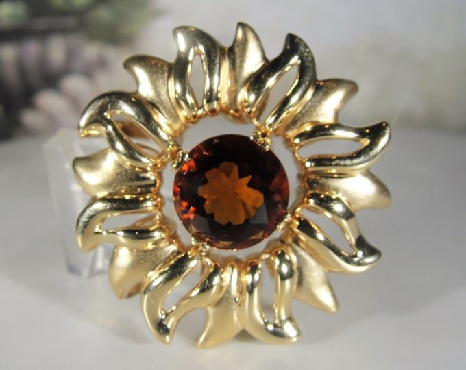 Garnet Pendant, 14K Yellow Gold Spessartite Orange Garnet Sunflower Pendant, Mixture of Matte and High Gloss Finish, Vintage Pendant