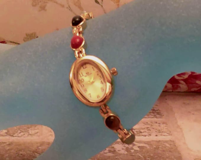 Womens Wristwatch - Retro Multi Cabochon Bejeweled Bracelet Wrist Watch – Gold Plated – Polished Gemstones – Vintage Wrist Watch – (NOS)