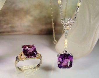 Jewelry Set - Antique Victorian 14K Purple Sapphire Necklace & Ring Jewelry Set - 14K White and Rose Gold - Seed Pearls - FREE RING SIZING!!
