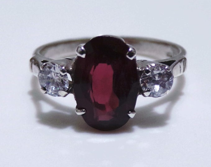Tourmaline Ring – Long Oval Red Rubellite Tourmaline and CZ Sterling Silver Ring – 2.25 Carat Gemstone – Vintage Ring – Size 7 – FREE SIZING