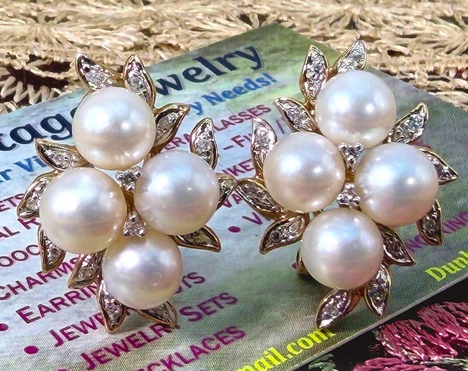 Vintage 14K Yellow Gold Pearl & Diamond Cluster Earrings