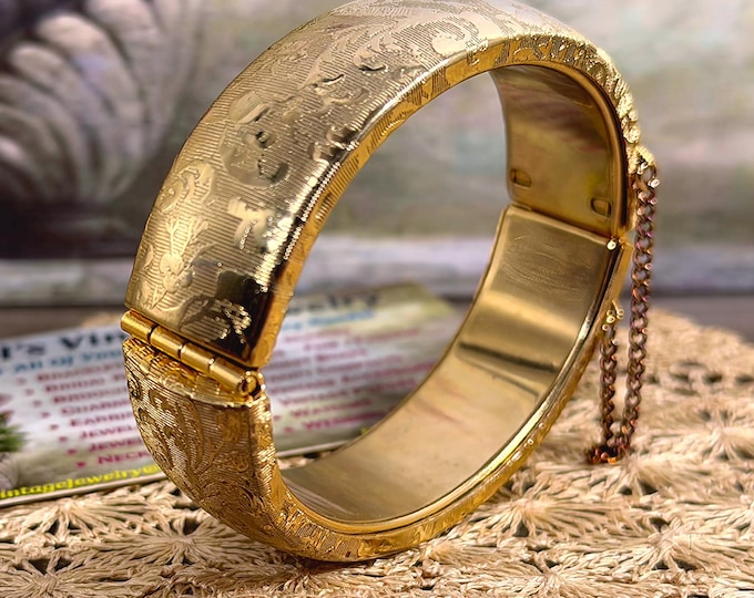 Vintage Gold Filled Etched Chased Cuff Bangle and Safety Chain – 38.7 grams – 7.5 Size