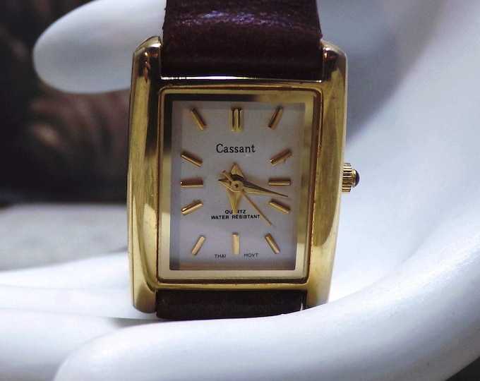 Women’s Wrist Watch – Cassant Thin Tank Wrist Watch – Genuine Leather Band – Quartz Watch – Water Resistant – Thai Movement – Vintage Watch