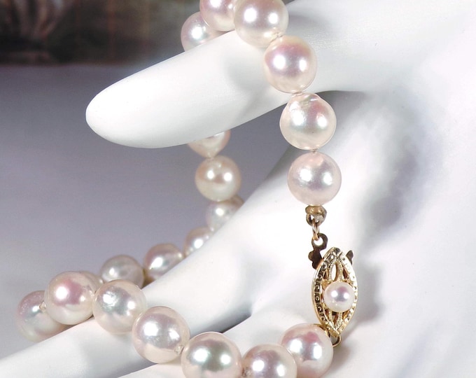 Pearl Bracelet – 14K Yellow Gold Akoya Baroque Cultured Pearl Bracelet – 7mm Pearls – Hand Knotted – Decorative Clasp – Vintage Bracelet